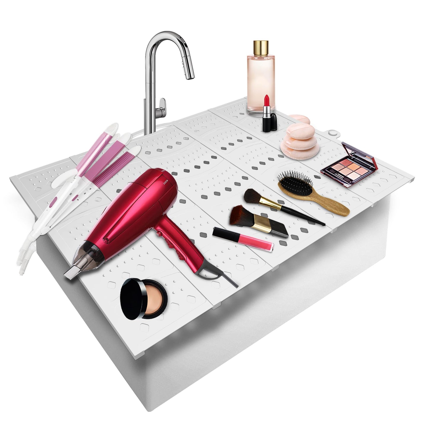 Mofason Bathroom Sink Top Cover Space Saver,Silicone Makeup Organizer Mat for Over Countertop,Small Bathroom Must Haves Accessories Rv Camper Travel Foldable Gadgets-Grey