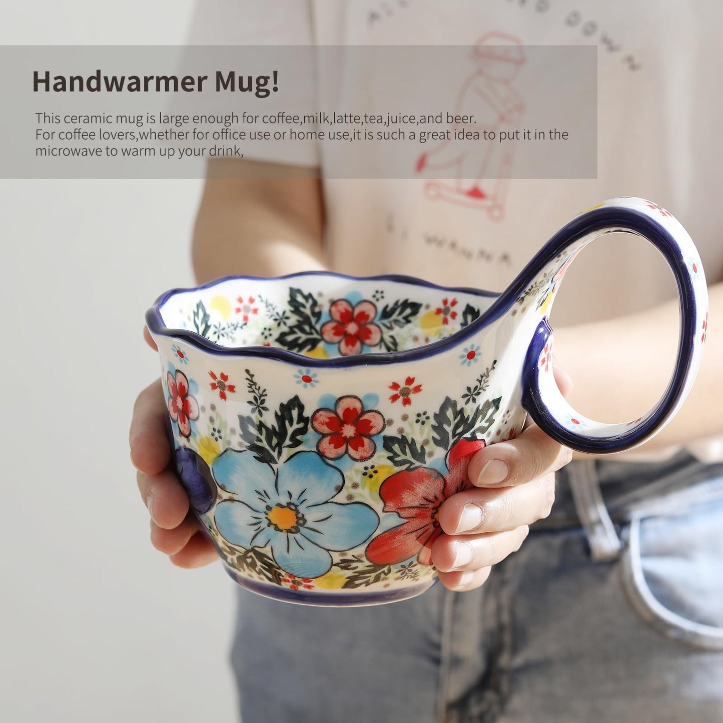ALMA Handpainted Microwavable Soup Bowl with Loop Handle 18.6oz, Cereal Bowl With Handle Great for Berry, Fruits, Chili, Stew, Ice cream,Floral Soup Mug for Women