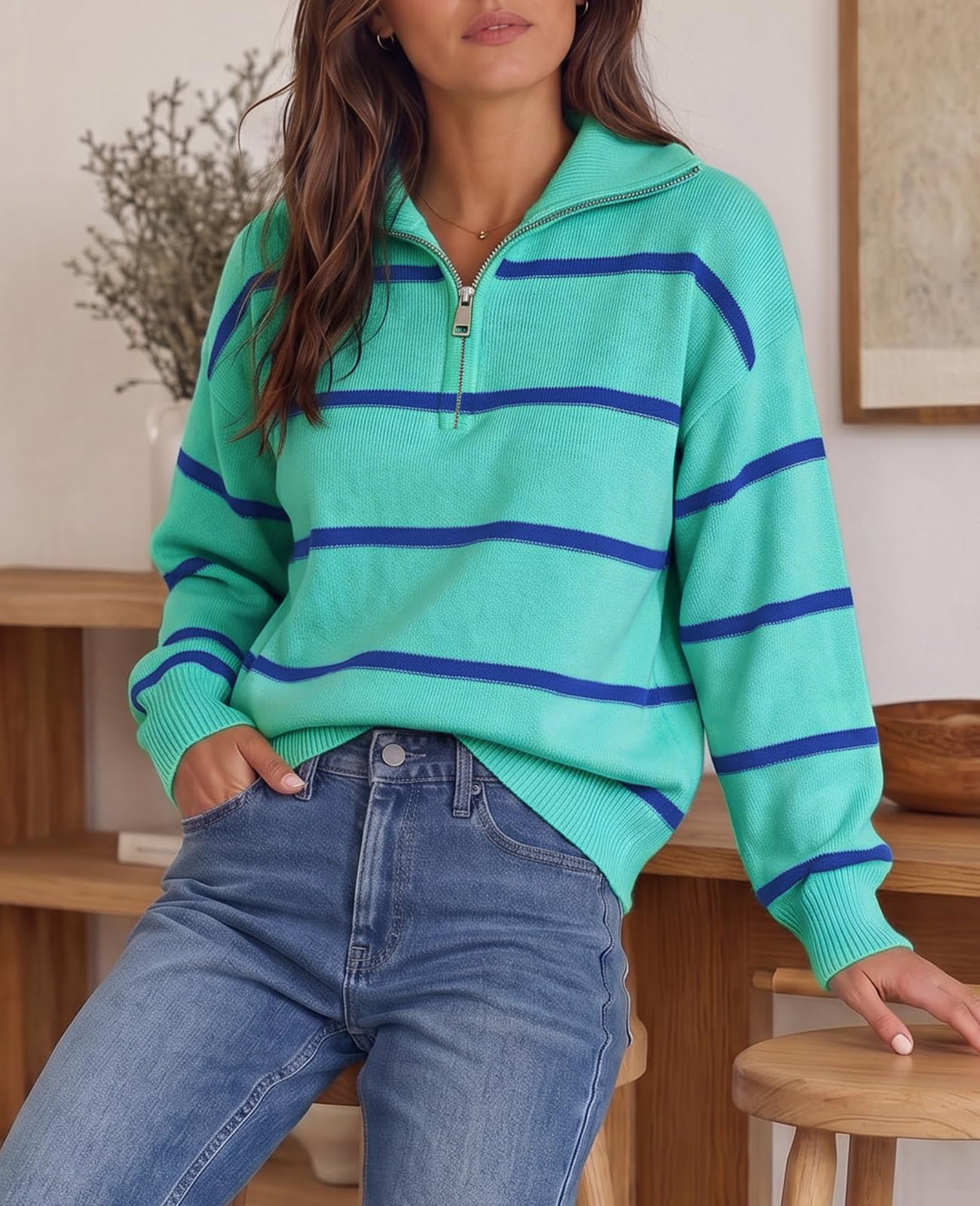 Fisoew Womens Quarter Zip Striped Sweater Oversized Turtleneck Pullover Top