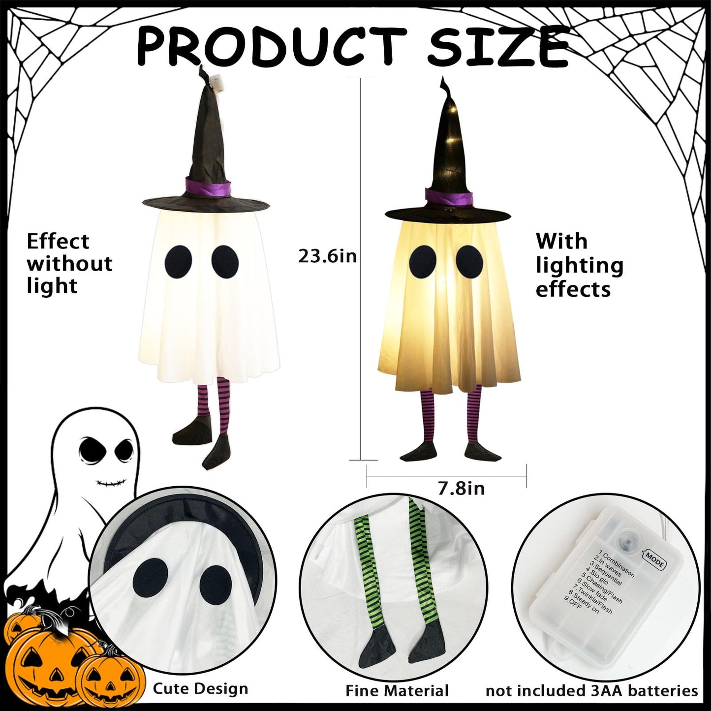 Set of 4 Halloween Hanging Ghosts, Halloween Decorations Outdoor Hanging Ghosts with Witch Hat,Glowing Ghost Witch Hat Lights, Light up Ghost Decor for Yard Patio Garden Tree Outside(4 Ghost Lighted)