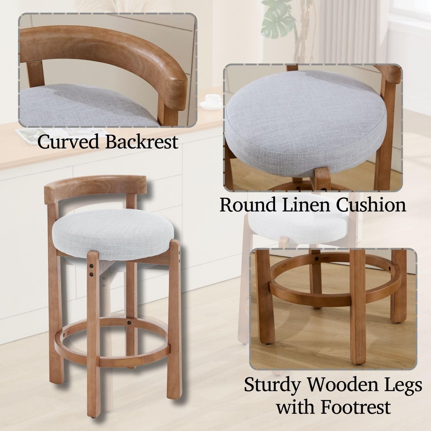 LukeAlon Mid Century Linen Counter Stools Set of 4, Upholstered 26.5” Seat Height Low Barstools with Natural Wood Legs Round Low Back Kitchen Stools with Footrest for Dining Room, Beige