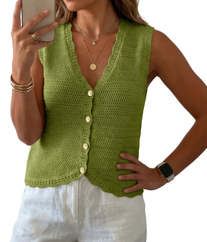 GRECERELLE Women's Summer Sleeveless V Neck Sweater Vest Knit Tank Top | Button Front Closure, Crochet Knit Design, Casual Style, Cropped Fit, Versatile Layering, for Office, Travel