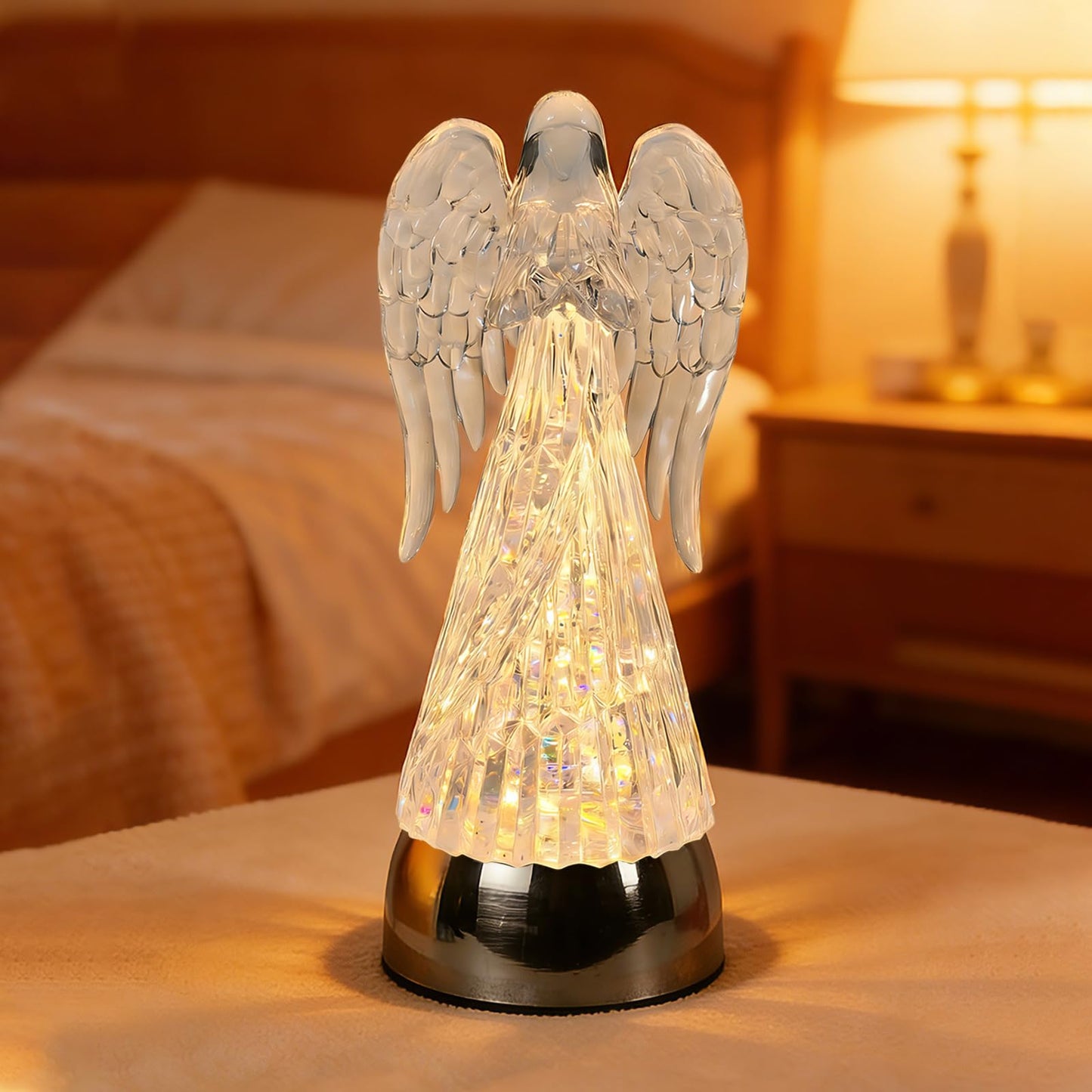 Lighted Acrylic Angel Figurines Swirling Glitter Globe, 6H Timer, Battery & USB Operated Angel Statue Decor Gifts for Mom Grandma Girls Women Birthday Friendship (9.5" Angel Praying Figurine)