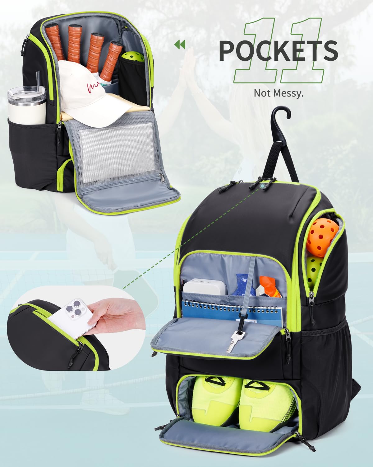 sportsnew Waterproof Pickleball Bag Men Women W/Shoe Compartment Fence Hook