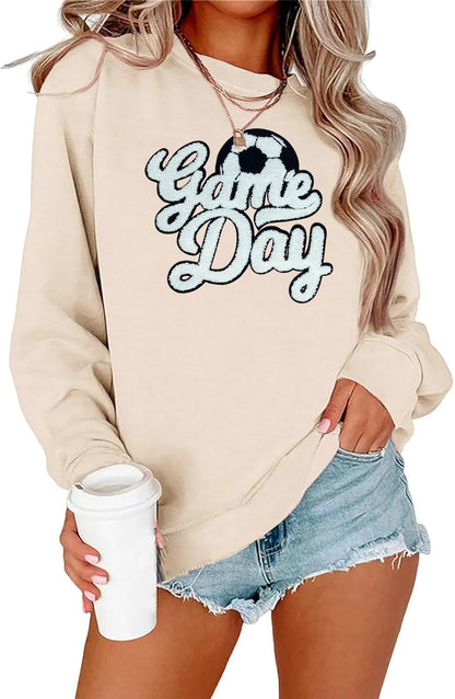 Game Day Soccer Sweatshirt Women Soccer Season Chenille Patch Pullover Top Causal Long Sleeve Football Top
