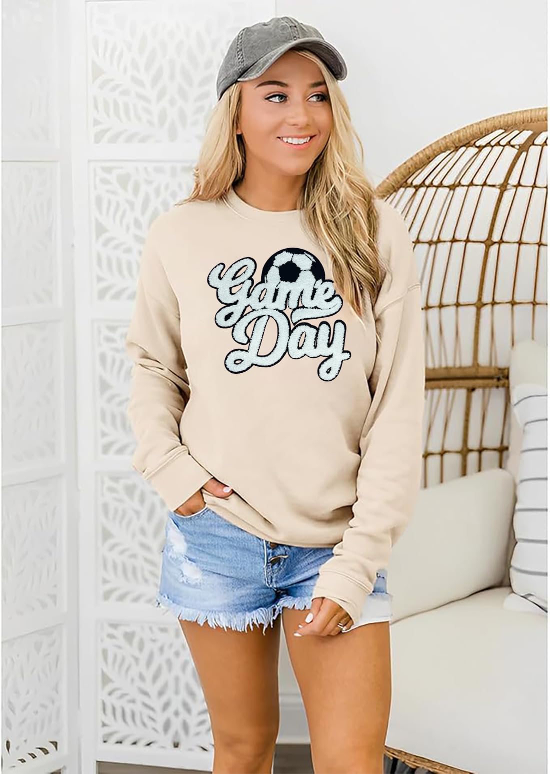 Game Day Soccer Sweatshirt Women Soccer Season Chenille Patch Pullover Top Causal Long Sleeve Football Top