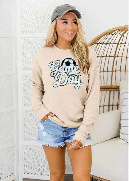 Game Day Soccer Sweatshirt Women Soccer Season Chenille Patch Pullover Top Causal Long Sleeve Football Top