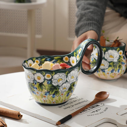 ALMA Handpainted Microwavable Soup Bowl with Loop Handle 18.6oz, Cereal Bowl With Handle Great for Berry, Fruits, Chili, Stew, Ice cream,Floral Soup Mug for Women