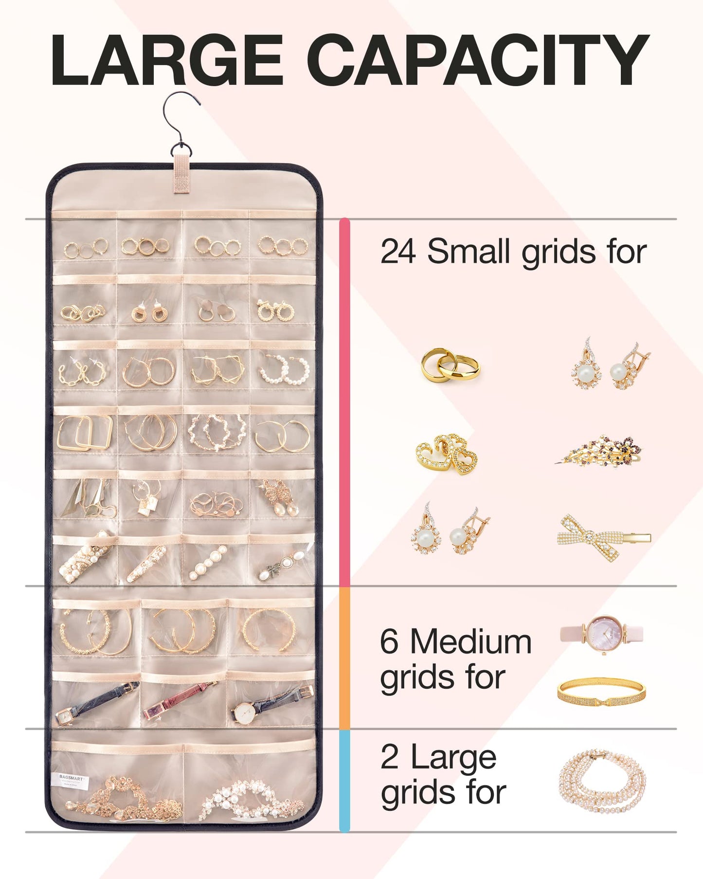 BAGSMART Hanging Jewelry Organizer Storage Roll with Hanger Metal Hooks Double-Sided Jewelry Holder for Earrings, Necklaces, Rings on Closet, Wall, Door, 1 piece, Medium, Pink