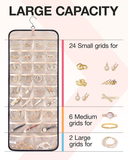 BAGSMART Hanging Jewelry Organizer Storage Roll with Hanger Metal Hooks Double-Sided Jewelry Holder for Earrings, Necklaces, Rings on Closet, Wall, Door, 1 piece, Medium, Pink