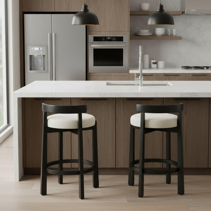 LukeAlon Mid Century Linen Counter Stools Set of 4, Upholstered 26.5” Seat Height Low Barstools with Natural Wood Legs Round Low Back Kitchen Stools with Footrest for Dining Room, Beige