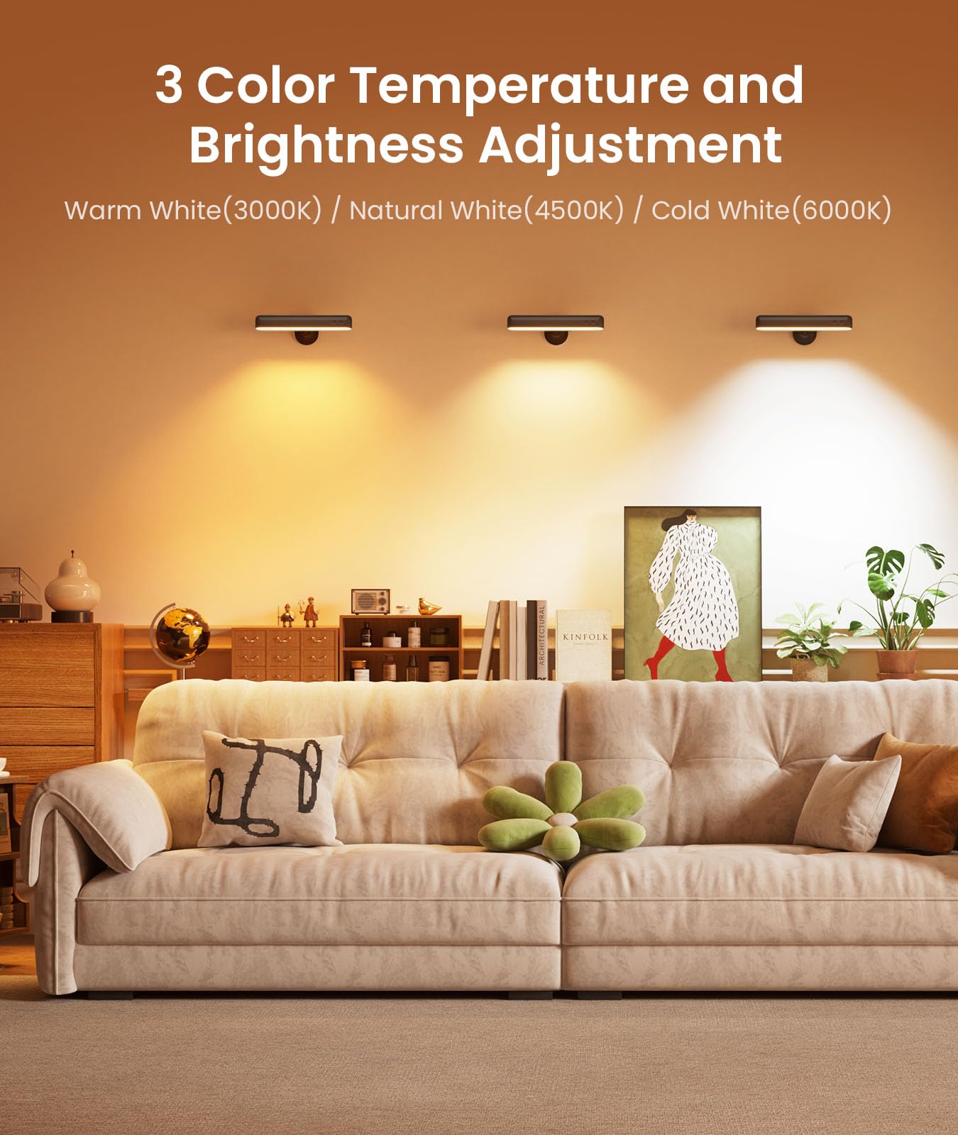 PopoIron Wall Sconce with 7500mAh Rechargeable Battery LED Wall Light for Bedroom with Remote Control, 3 Colors Wireless Wall Lamp 360° Rotation Dimmable Brightness with 15 RGB Colors,Black,1 Pack