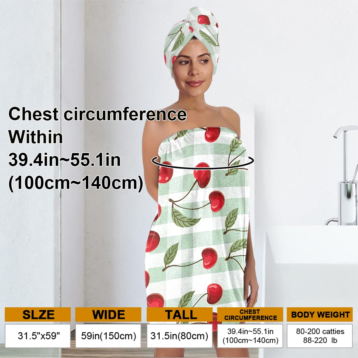 Strawberry Print Bath Wrap and Hair Drying Towel Set – Microfiber Quick Dry Shower Body Wrap for Women, Absorbent Spa Skirt with Elastic Band and Cute Bow Design (Strawberry 1)