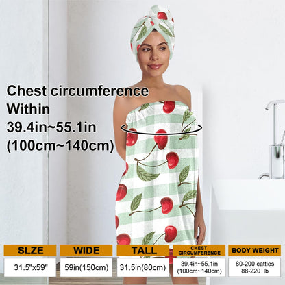 Strawberry Print Bath Wrap and Hair Drying Towel Set – Microfiber Quick Dry Shower Body Wrap for Women, Absorbent Spa Skirt with Elastic Band and Cute Bow Design (Strawberry 1)