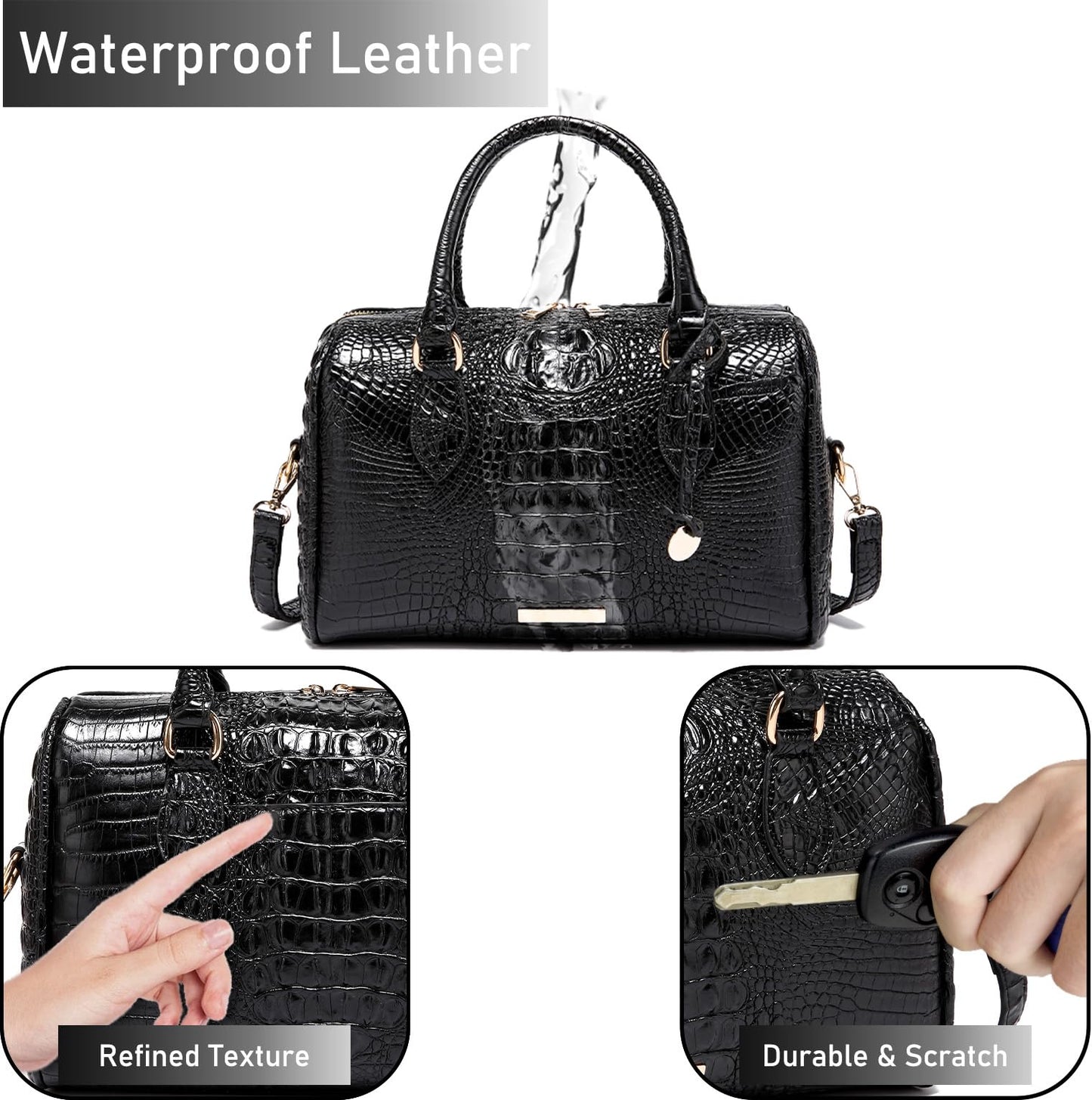 Makcr Joacbv Crocodile Handbag for Women Top Handle Leather Shoulder Purse | Glossy crocodile-embossed vegan leather with rolled handles, buckle details, a structured dome shape, and adjustable strap.