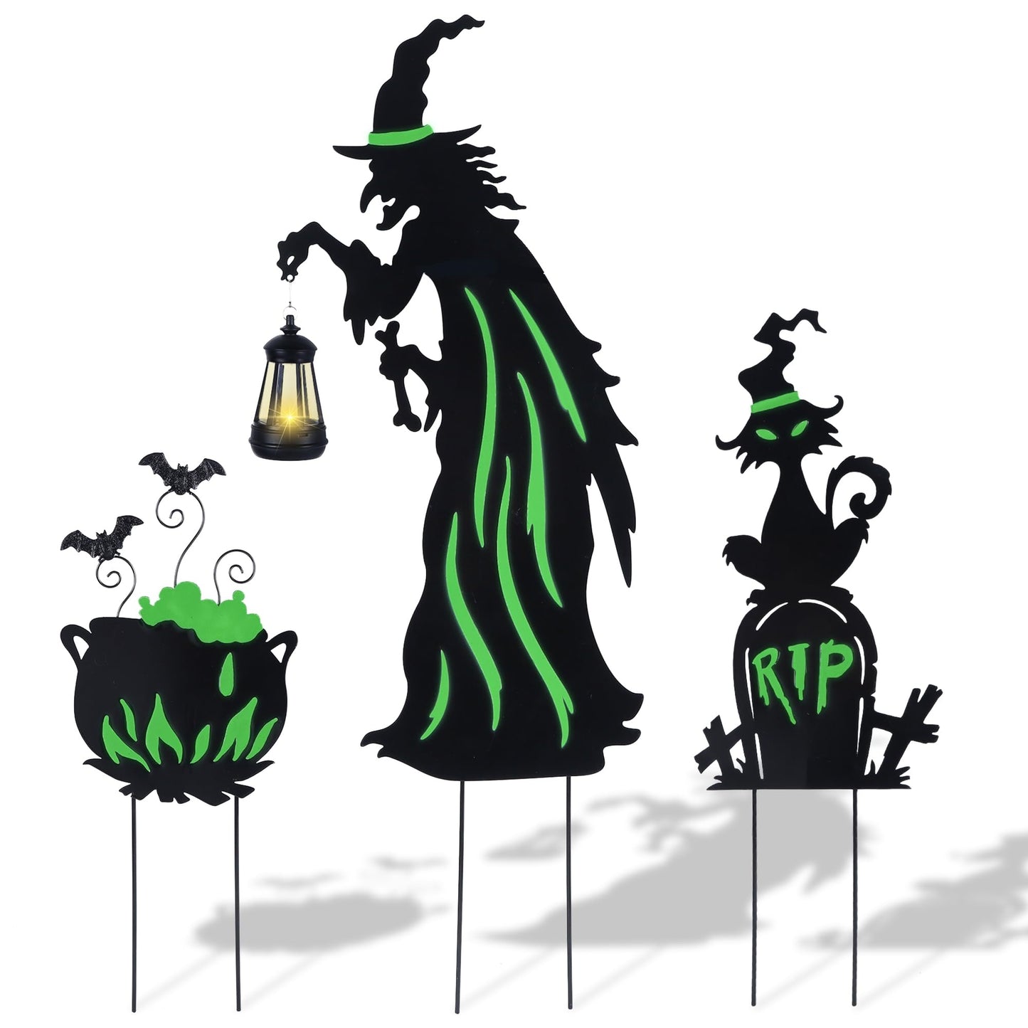 Prsildan 3 Pack Halloween Decorations Outdoor Solar Lighted Boo Yard Sign | Waterproof Metal Lawn Stakes, Solar-Powered, Bats, Cat & Ghost, For Front Yard, Porch, Garden, Spooky Halloween Party Decor