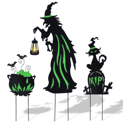 Prsildan 3 Pack Halloween Decorations Outdoor Solar Lighted Boo Yard Sign | Waterproof Metal Lawn Stakes, Solar-Powered, Bats, Cat & Ghost, For Front Yard, Porch, Garden, Spooky Halloween Party Decor