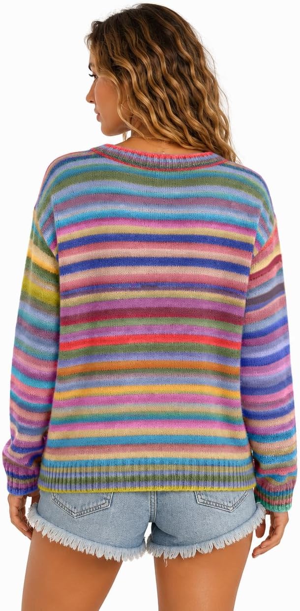 utcoco Women's Cute Rainbow Striped Button Down Knit Cardigan Sweaters