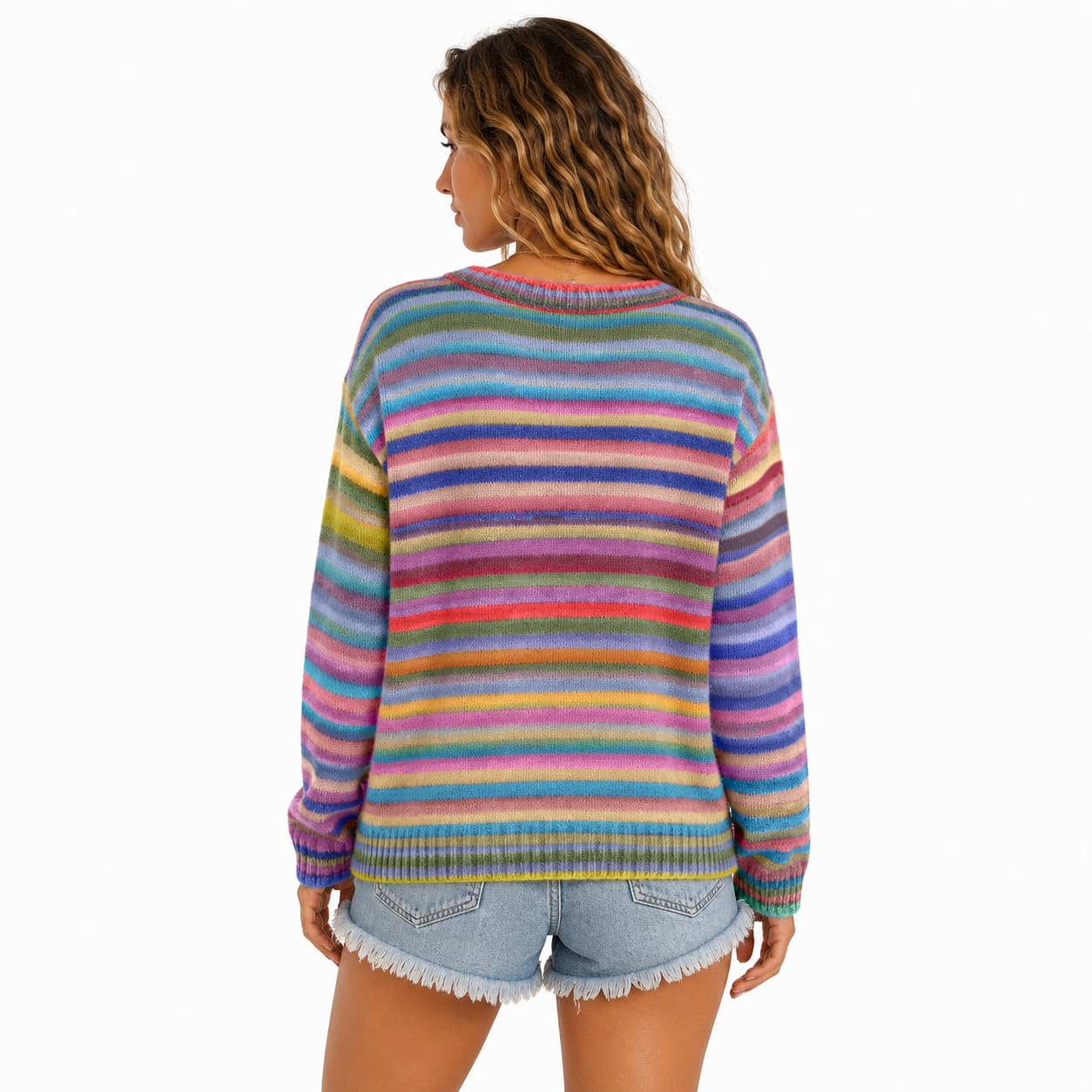 utcoco Women's Cute Rainbow Striped Button Down Knit Cardigan Sweaters