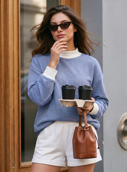 Dokotoo Striped Sweatshirt for Women Oversized Mock Neck Pullover Tops 2026
