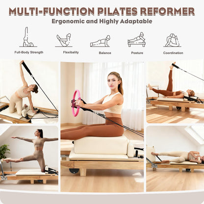 Pilates Reformer Machine, Foldable Oak Wood Pilates Reformer, Studio-Grade Pilates Equipment, 5-Spring Resistance Pilates Trainer, Home Gym Pilates Machine, Full Body Workout Pilates Reformer