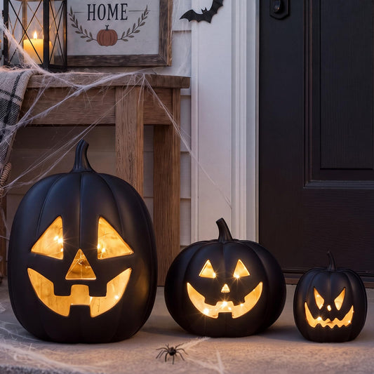 Vicenpal 3 Pcs Halloween Pumpkin Decorations Light Up Terracotta Pumpkin Lantern Vintage LED Resin Halloween Lights Decor for Fall Home Porch Front Door Mantel Room Decorations (Black)