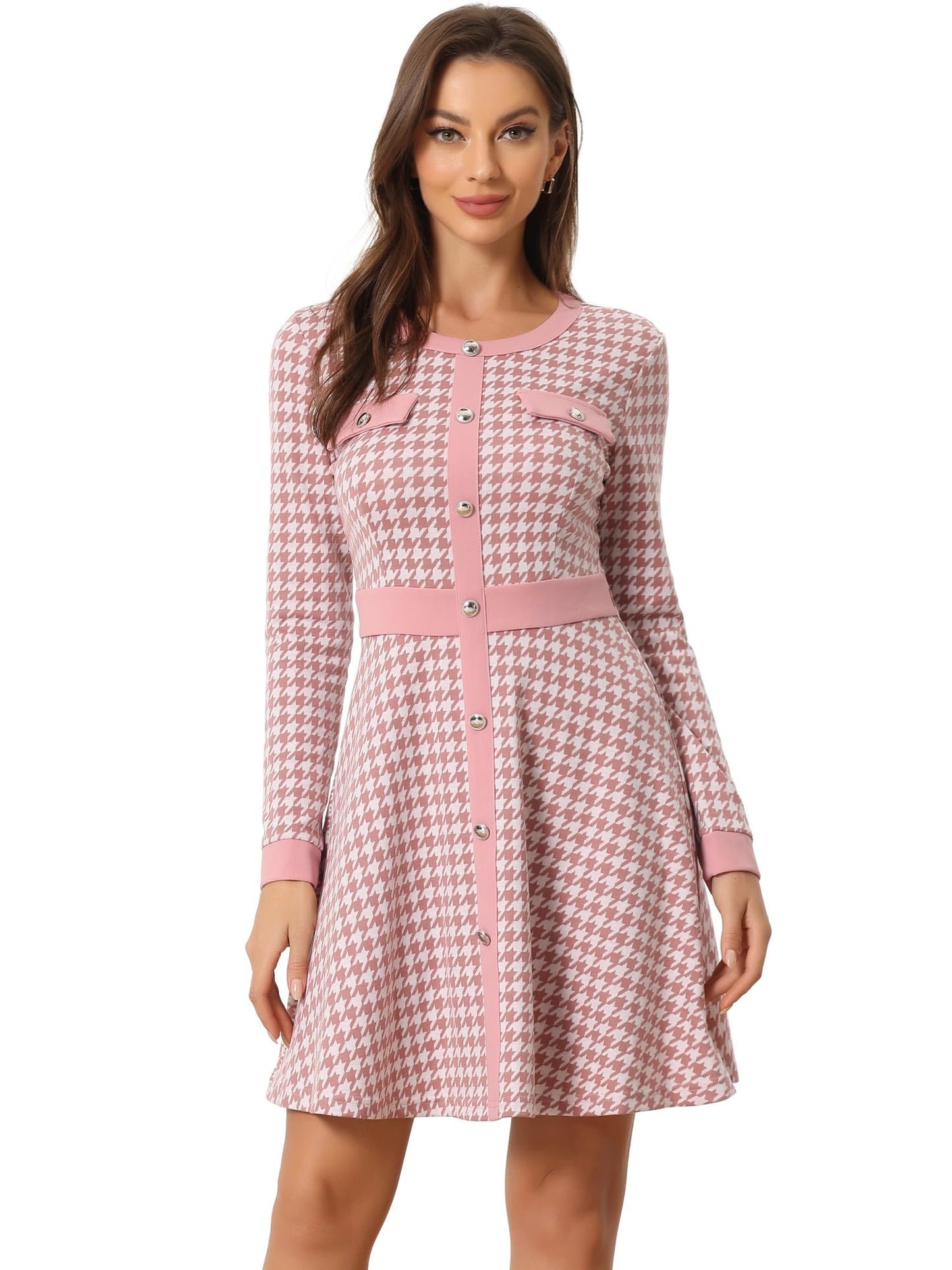 Allegra K Women's Houndstooth Plaid A-Line Elegant Business Work Dress