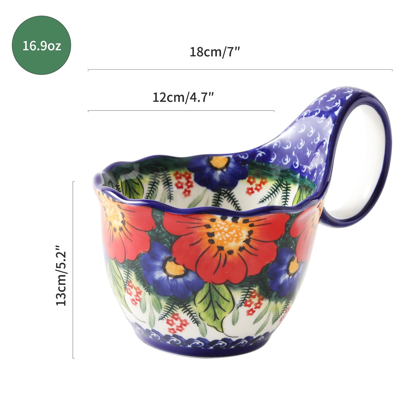 ALMA Handpainted Microwavable Soup Bowl with Loop Handle 18.6oz, Cereal Bowl With Handle Great for Berry, Fruits, Chili, Stew, Ice cream,Floral Soup Mug for Women