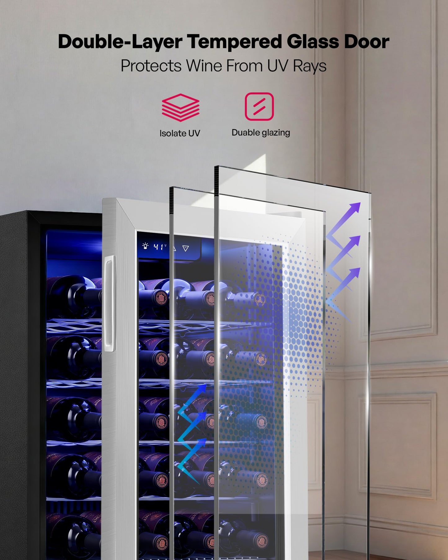 Icyglee 25 Bottle Compressor Wine Cooler Refrigerator, Freestanding Wine Cellar with 41-64°F Adjust Temp & Double-layer Glass Door for Red and White, Wine Cooler for Home Bar, Black