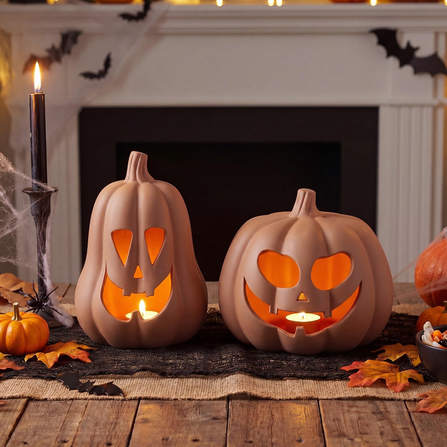 Tioncy 2 Pack Fall Decor Halloween Decorations Terracotta Pumpkin Decoration Handmade Clay Pumpkin Jack-o-Lantern Halloween Tealight Holder Rustic Farmhouse Fall Home Decor for Table(Orange)
