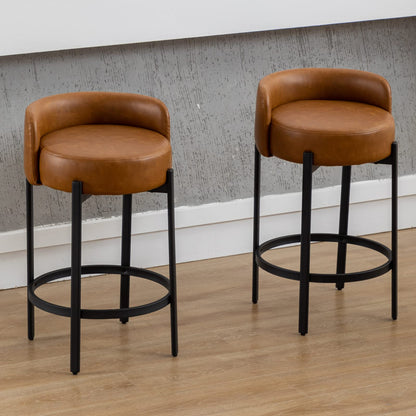LukeAlon Mid Century Linen Counter Stools Set of 4, Upholstered 26.5” Seat Height Low Barstools with Natural Wood Legs Round Low Back Kitchen Stools with Footrest for Dining Room, Beige