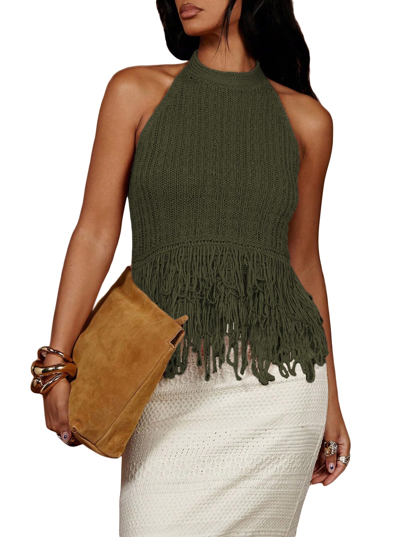 SweatyRocks Women's Boho Fringe Halter Tops Sleeveless Open Back Summer Knit Crochet Tank Top