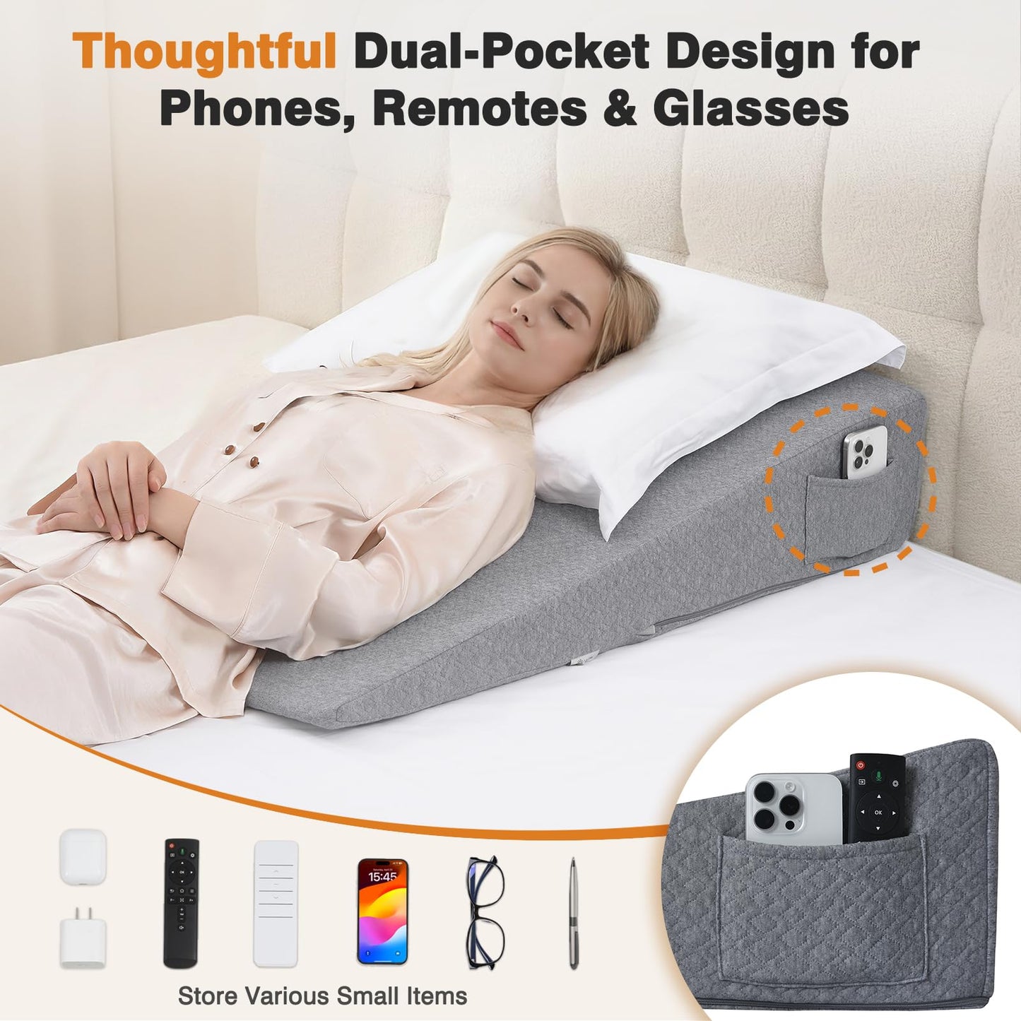 Vekkia King Bed Wedge Pillow for Headboard Gap, 0–6" Gap Filler with Side Pockets & Washable Cover, Gray 76"x10"x6"