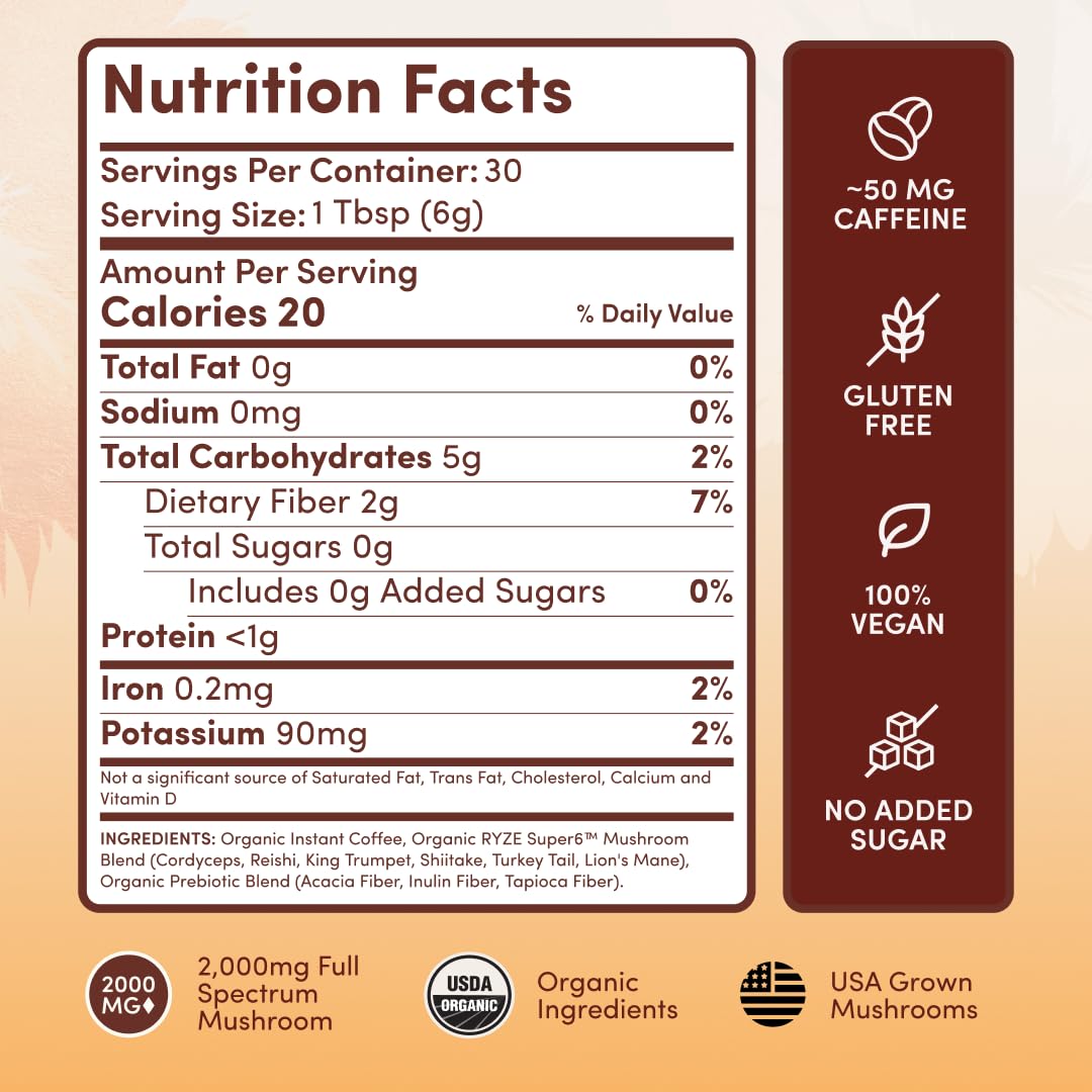 RYZE SUPERFOODS Mushroom Medium Roast Coffee USDA Organic with 6 Adaptogenic Mushrooms, USA Grown Instant Coffee for Better Energy, Focus Digestion Immunity with Lions Mane & Turkey Tail 30. Pack of 1