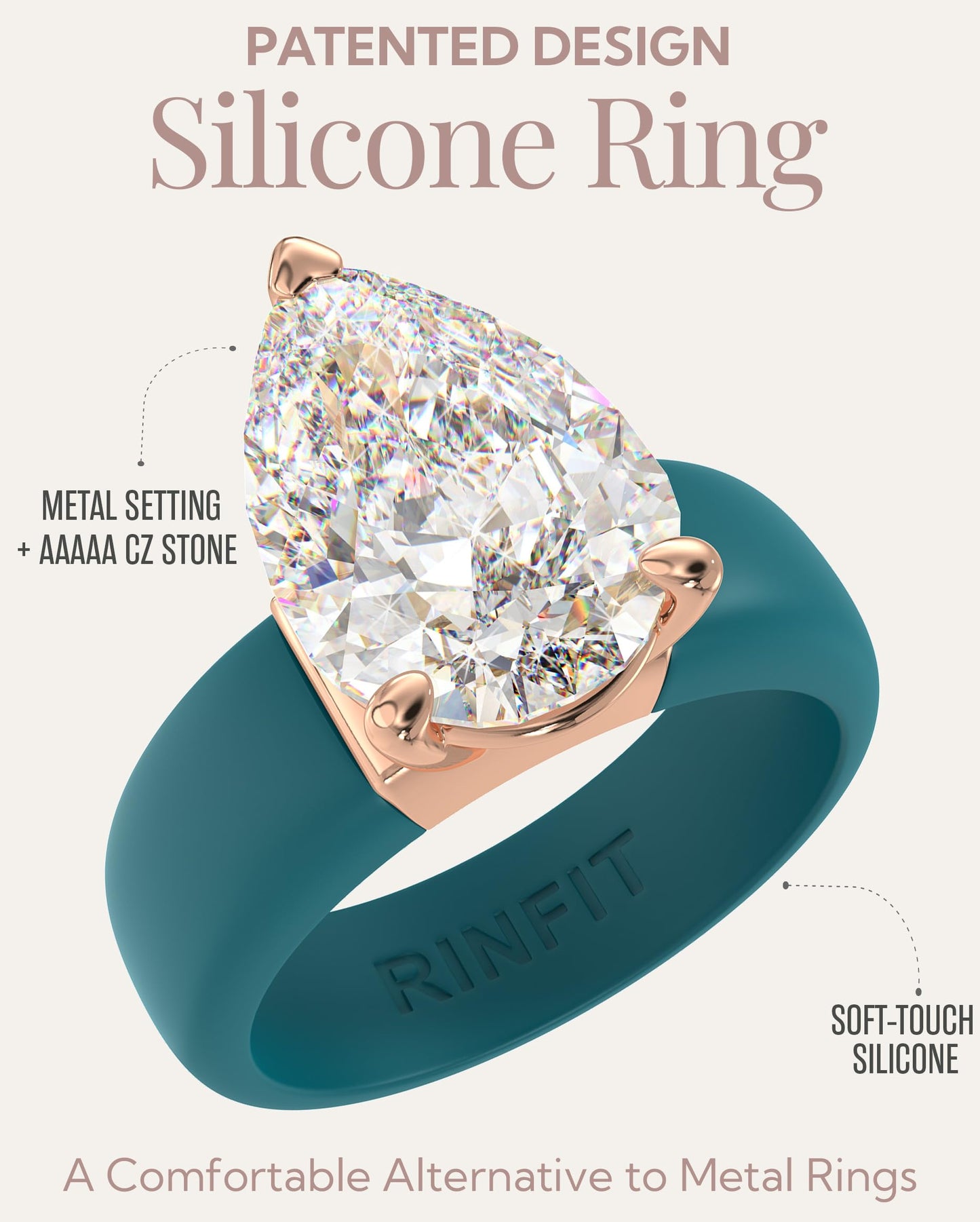 Rinfit Silicone Ring with Stone - Pear Cut Cubic Zirconia Solitaire Engagement Ring for Women - Rubber Wedding Bands - Patent Pending