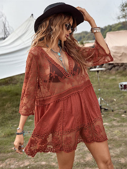 Eomenie Women's Contrast Lace Bathing Suit Cover Up V-Neck Swimsuit Coverups Loose Swimwear Beach Dress Beachwear