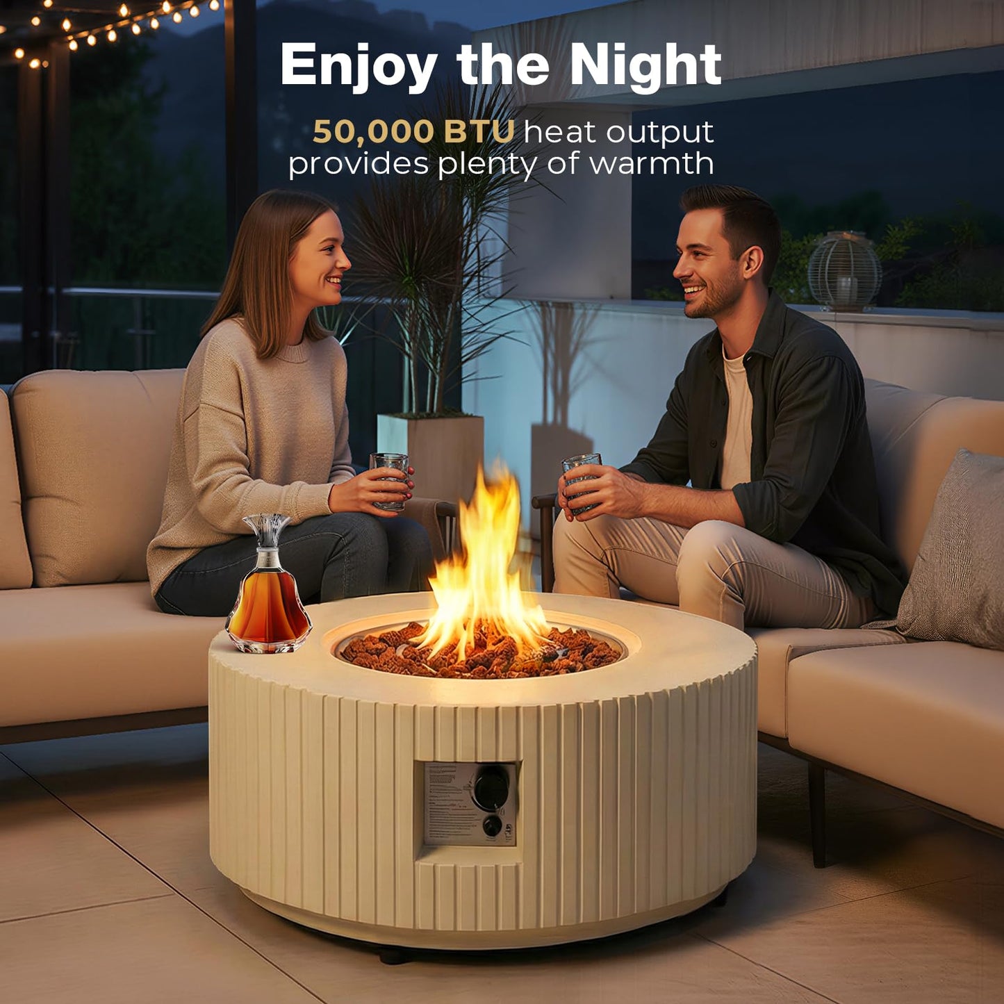31.5 Inch Round Propane Fire Pit Table - Concrete Round Fire Bowl 50,000 BTU Natural Gas Firepit Burner with Steel Lid, Lava Rocks, Waterproof Cover for Outside Patio, Backyard, Party
