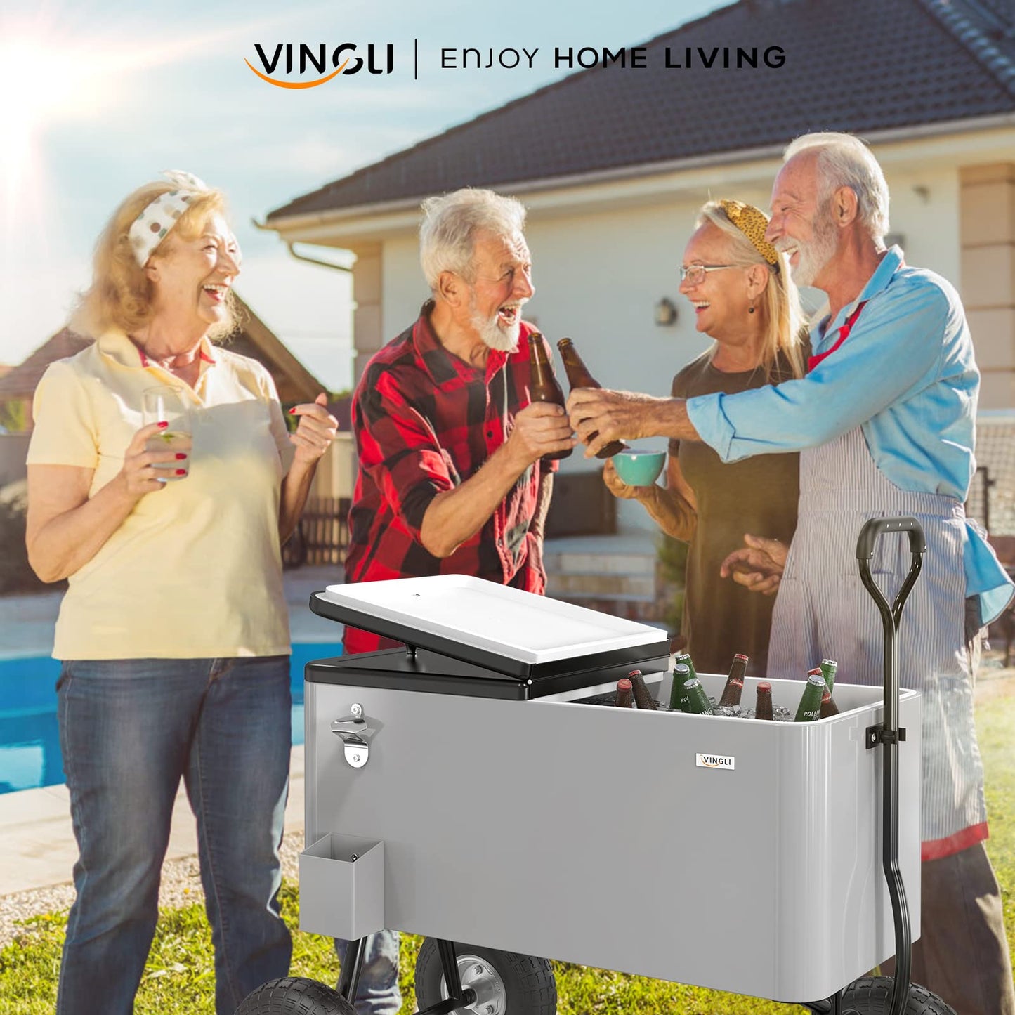 VINGLI 80 Quart Wagon Rolling Cooler Ice Chest, w/Long Handle and 10" Wheels, Portable Beach Patio Party Bar Cold Drink Beverage, Outdoor Park Cart on Wheels