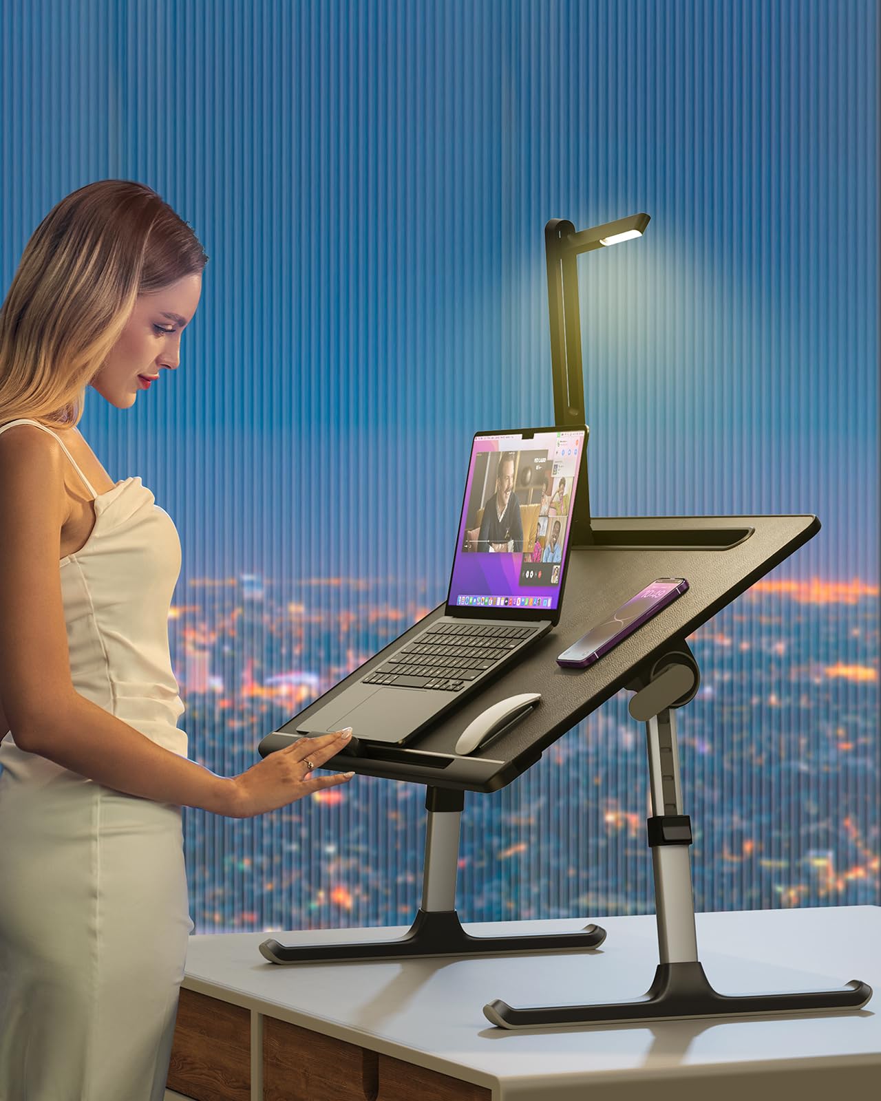 Laptop Bed Tray Desk with LED Desk Lamp, SAIJI Adjustable Laptop Stand for Bed, XX-Large PVC Leather Foldable Table with Book Stand, Wrist Rest, Extra Leg Room for Sofa Couch Floor (Gray)