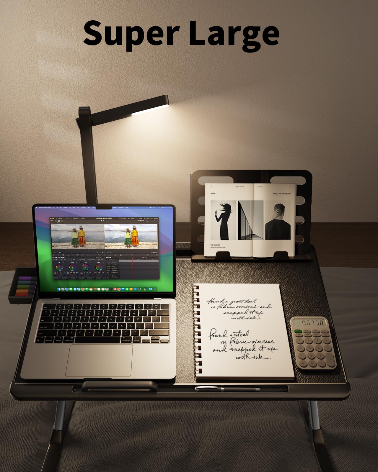 Laptop Bed Tray Desk with LED Desk Lamp, SAIJI Adjustable Laptop Stand for Bed, XX-Large PVC Leather Foldable Table with Book Stand, Wrist Rest, Extra Leg Room for Sofa Couch Floor (Gray)