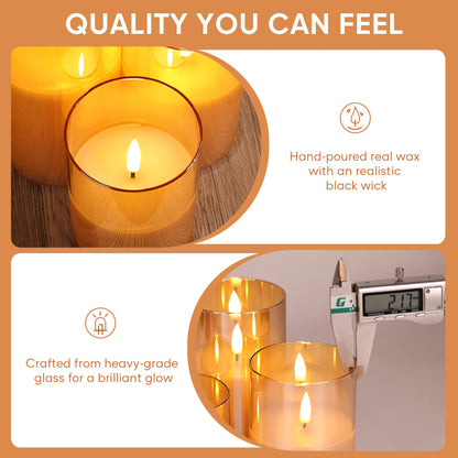 Eywamage Smoke Grey Glass Flameless Pillar Candles with Remote, Flickering LED Battery Candles Table Decor Set of 3
