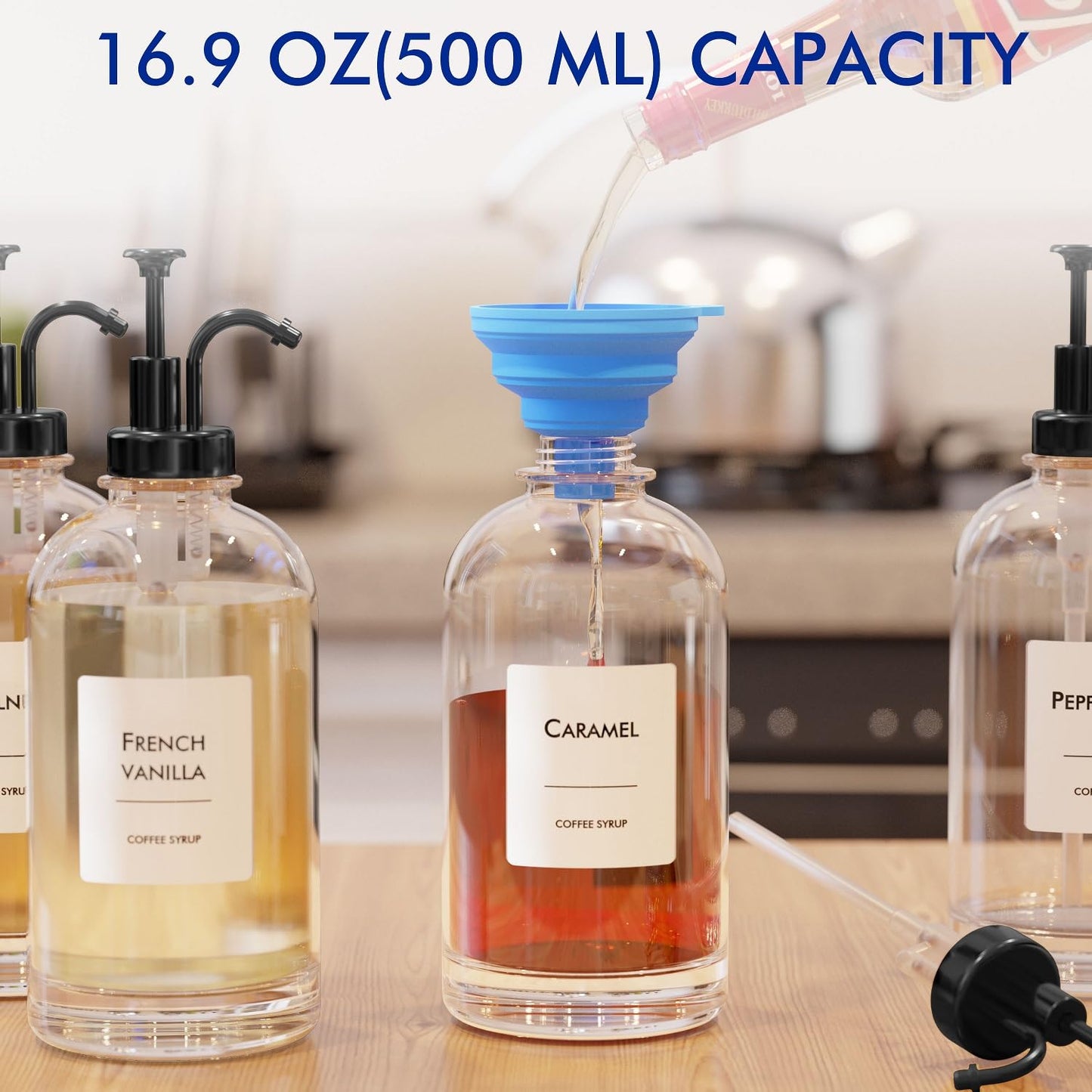 16.9 oz (500 ml) Coffee Syrup Dispenser Set- 4 Glass Bottles with Gold Pumper and Syrup Labels - Precise Dispensing and Stylish Addition to Coffee Shop, Cafe or Home Bar