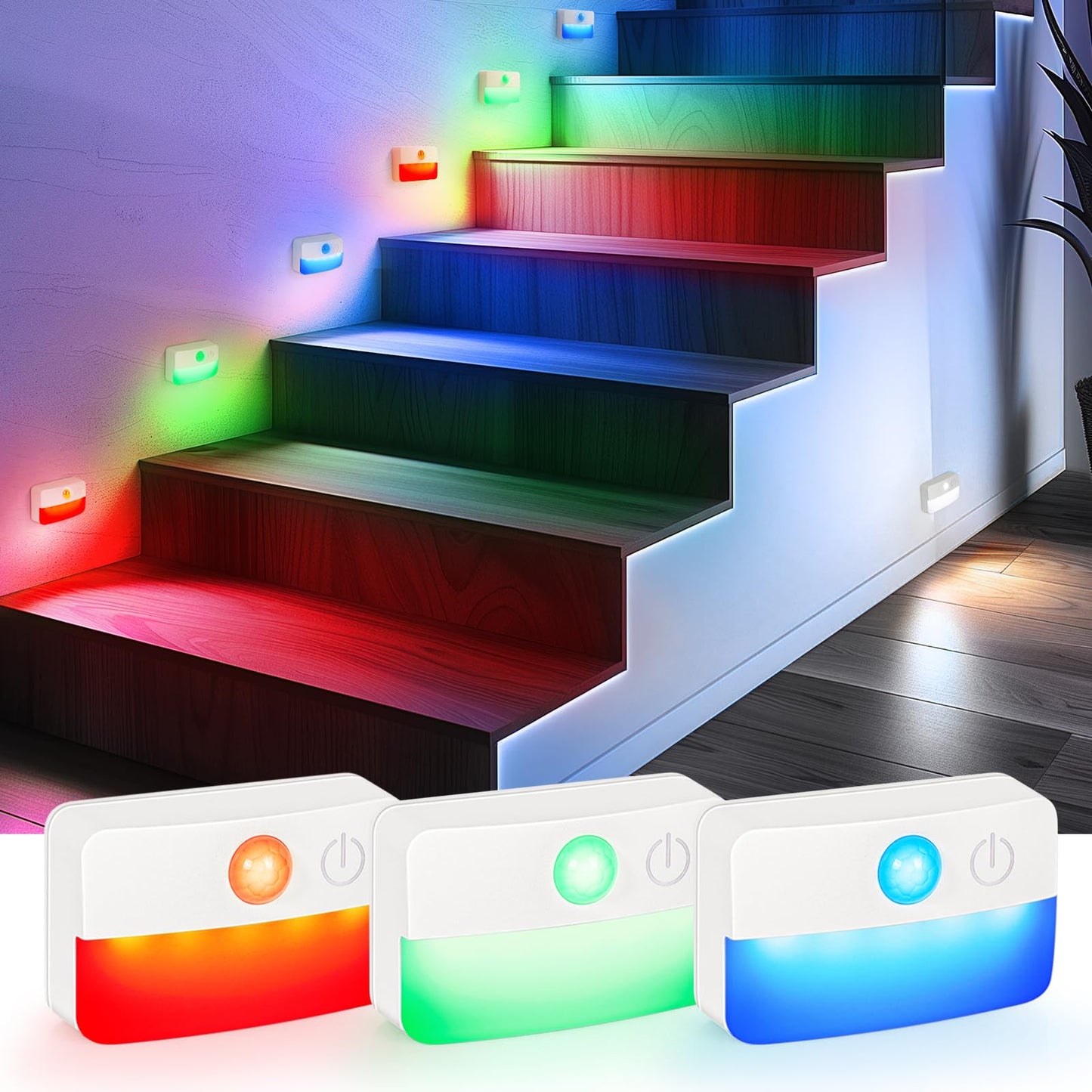Guankai 8 Pack Motion Sensor Stair Light for Indoor, Battery Operated Closet Lights, Wireless Stick on Anywhere Hallway Lamp, Portable Led Night Lamps for Bedroom Under Cabinet Kitchen