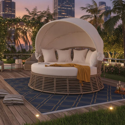 LUMISOL Outdoor Sunbed with Retractable Canopy, Outdoor PE Wicker Round Sectional Sofa with Separated Cushion Seats, Pillows and Removable Cushions for Patio, Backyard, Beige
