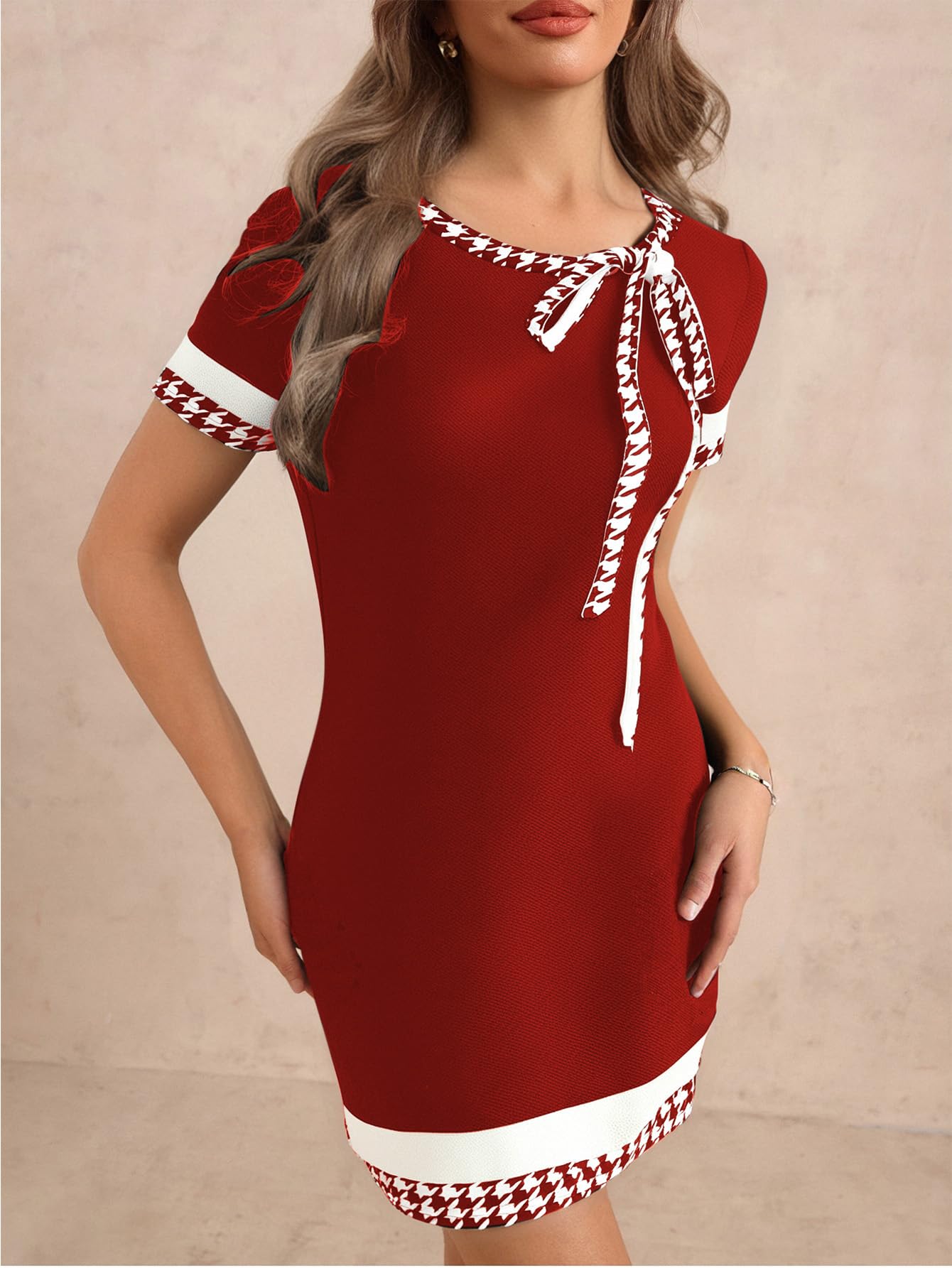 Women's Houndstooth Print Tie Front Dress