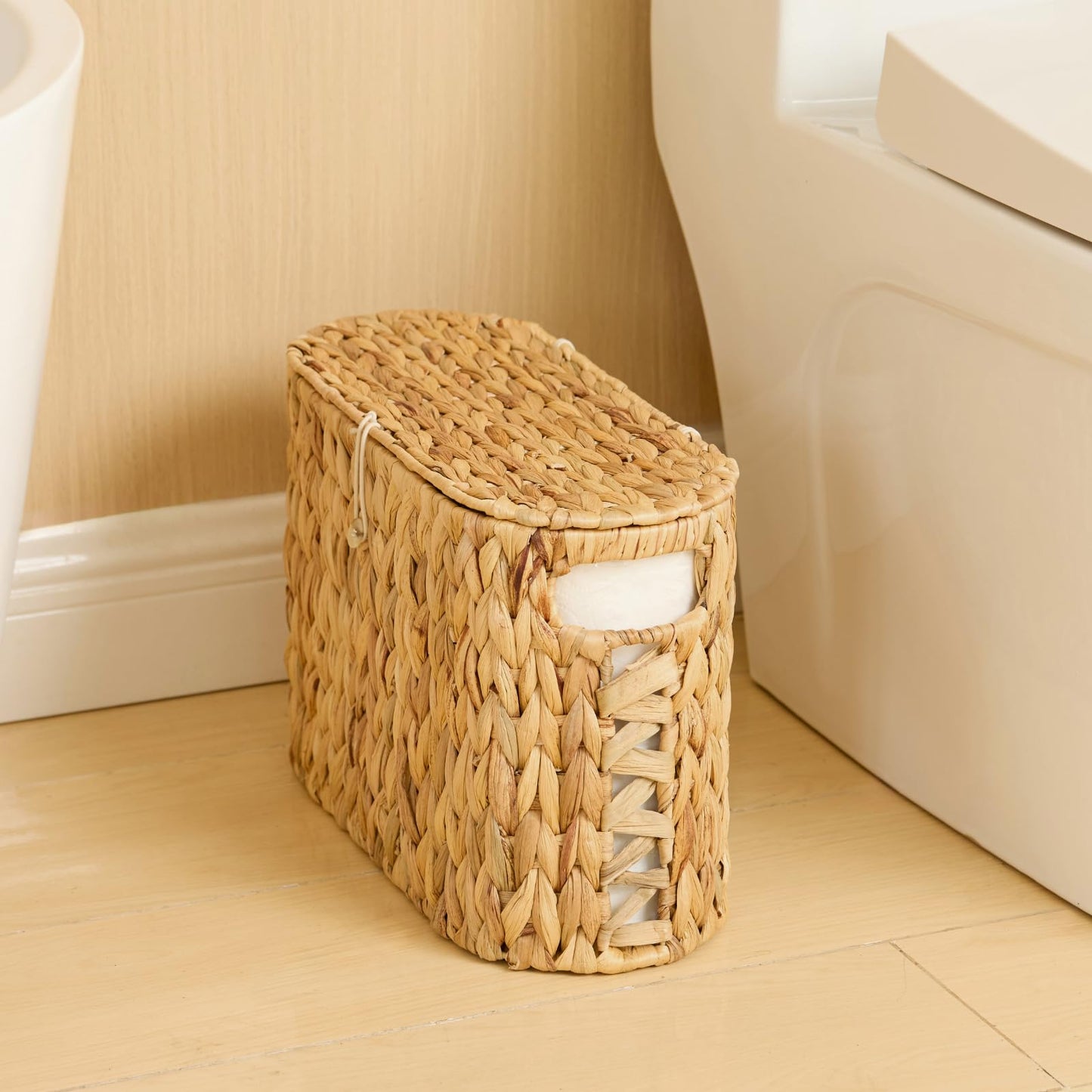 YANGQIHOME Toilet Paper Storage, Water Hyacinth Toilet Paper Storage with Lid, Papers Container for up to 9 Mega Rolls, Bathroom Basket Organizer