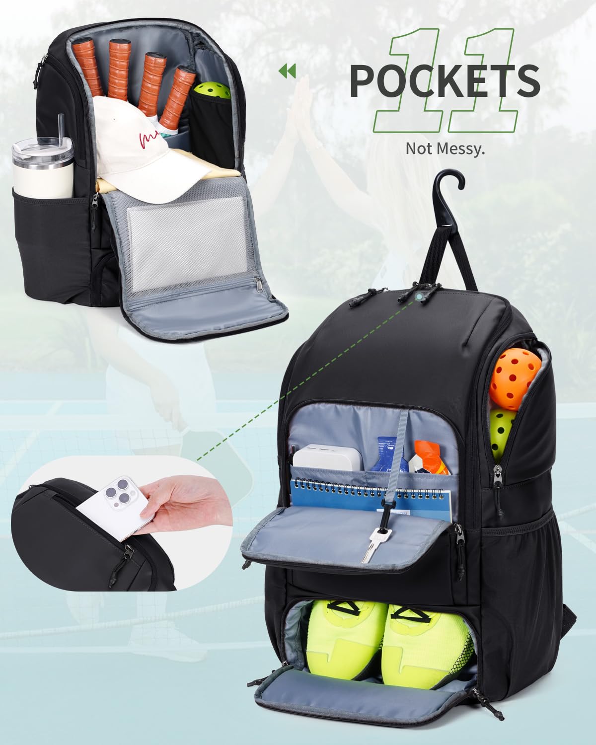 sportsnew Waterproof Pickleball Bag Men Women W/Shoe Compartment Fence Hook