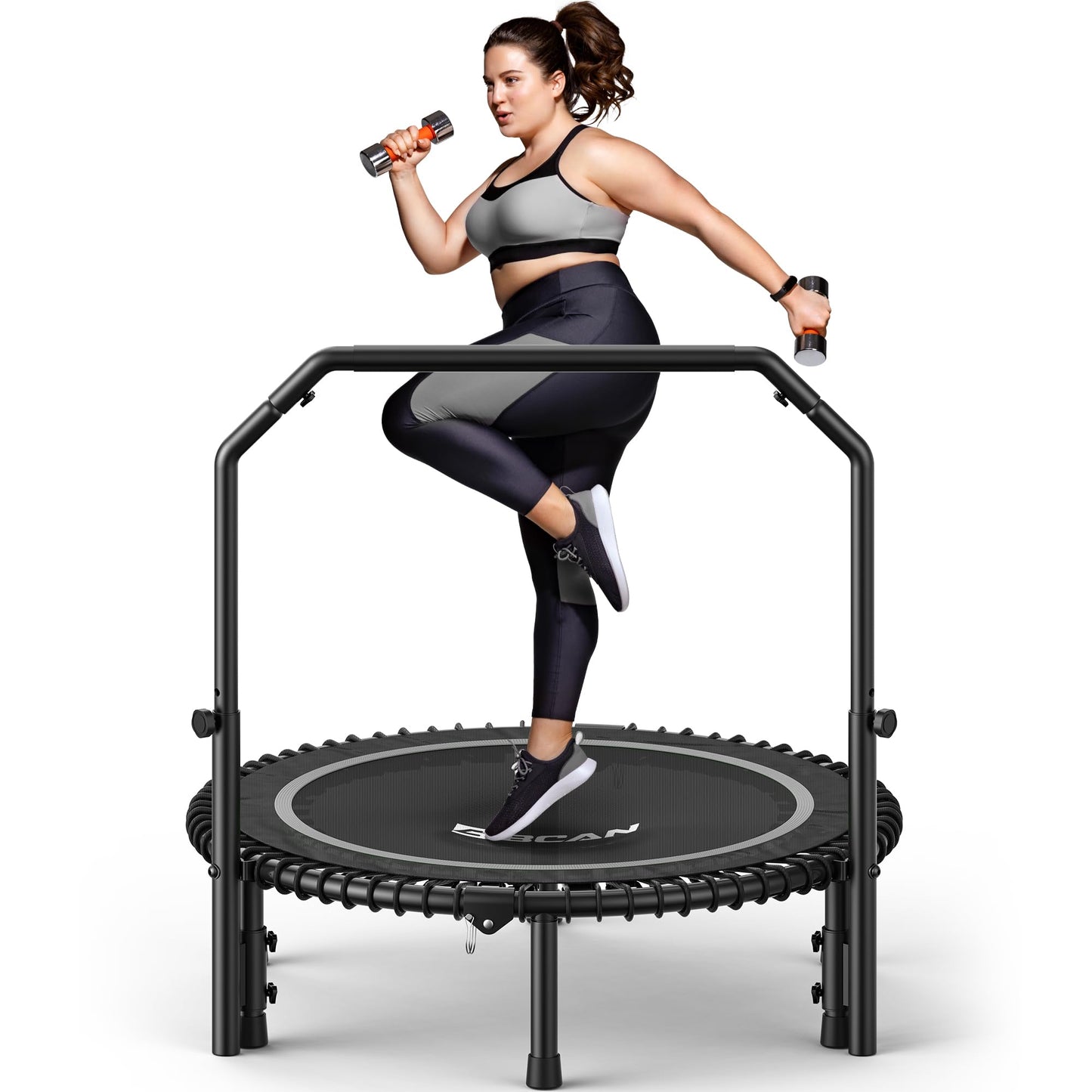 BCAN BT2 450/550LBS Mini Rebounder Trampoline for Adults with Bar, Fitness Trampoline with Bungees, Adjustable Handle, Stable & Quiet, Indoor Outdoor, Whole-Body Workout - 40IN/48IN | FED Fitness