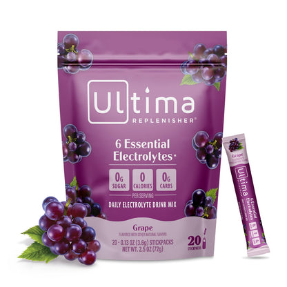 Ultima Replenisher Electrolyte Hydration Powder, Grape, 20 Count Stickpacks Pouch - Sugar Free, 0 Calories, 0 Carbs - Gluten-Free, Keto, Non-GMO with Magnesium, Potassium