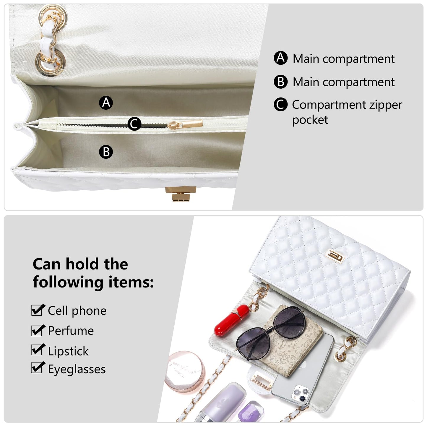 Quilted Leather Crossbody Bags for Women Trendy Ladies Shoulder Purse Satchel HandBag with Chain Strap
